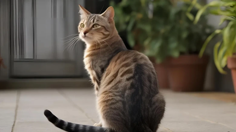 お尻を向けて座るキジトラ猫|リラックスした後ろ姿