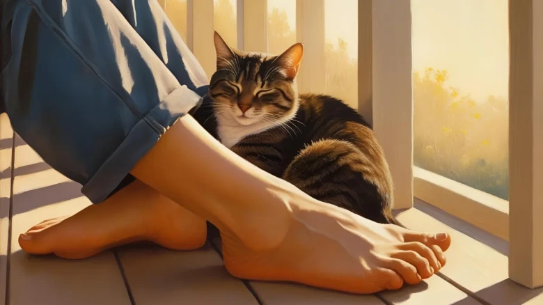 縁側で人の足元に寄り添って眠るキジトラ猫|癒しの猫時間
