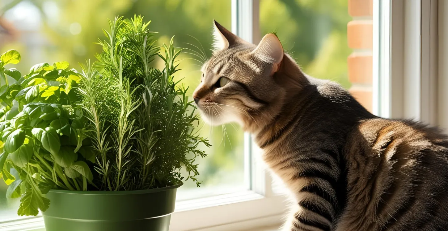 ハーブの鉢植えの前にいる猫