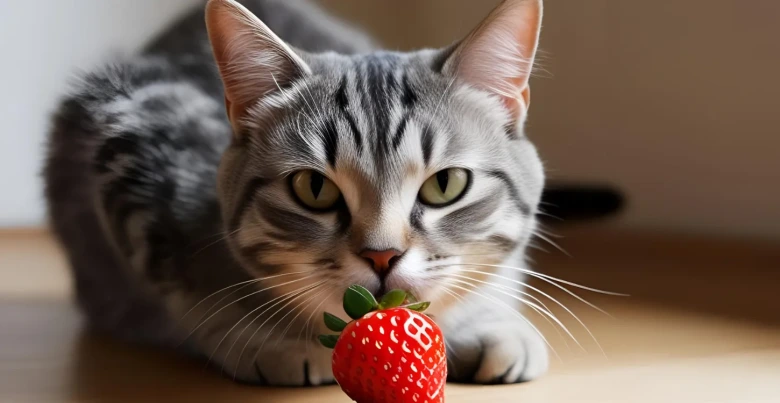 猫はいちごを食べても大丈夫?安全な与え方ガイド イチゴを見つめる猫。鮮やかな目と赤い果実のコントラストが印象的
