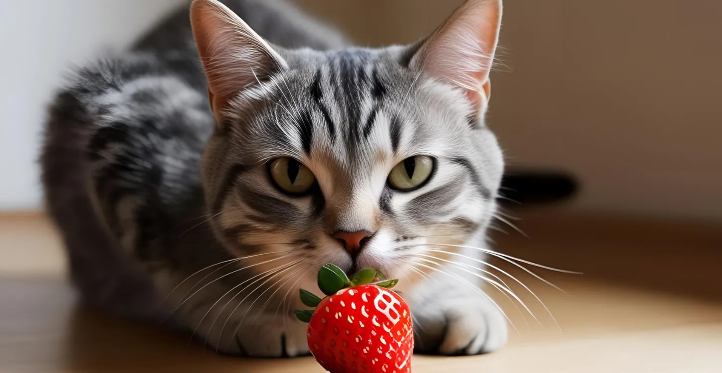 イチゴを前にした猫