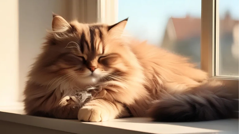 ふわふわの茶色い猫が香箱座りでリラックスしている様子