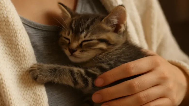 飼い主の胸の上で甘えて寄り添う子猫の癒しのワンシーン
