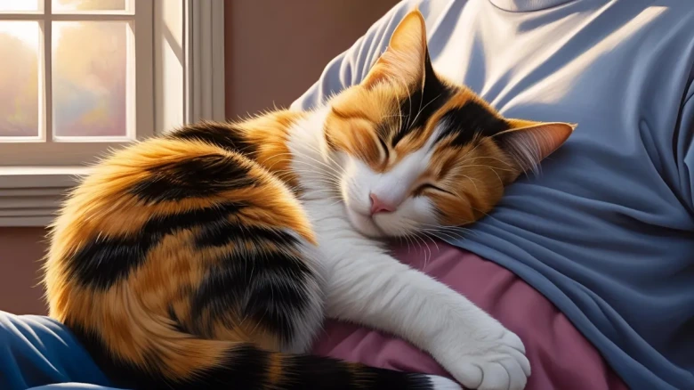 膝の上で安心して眠る三毛猫