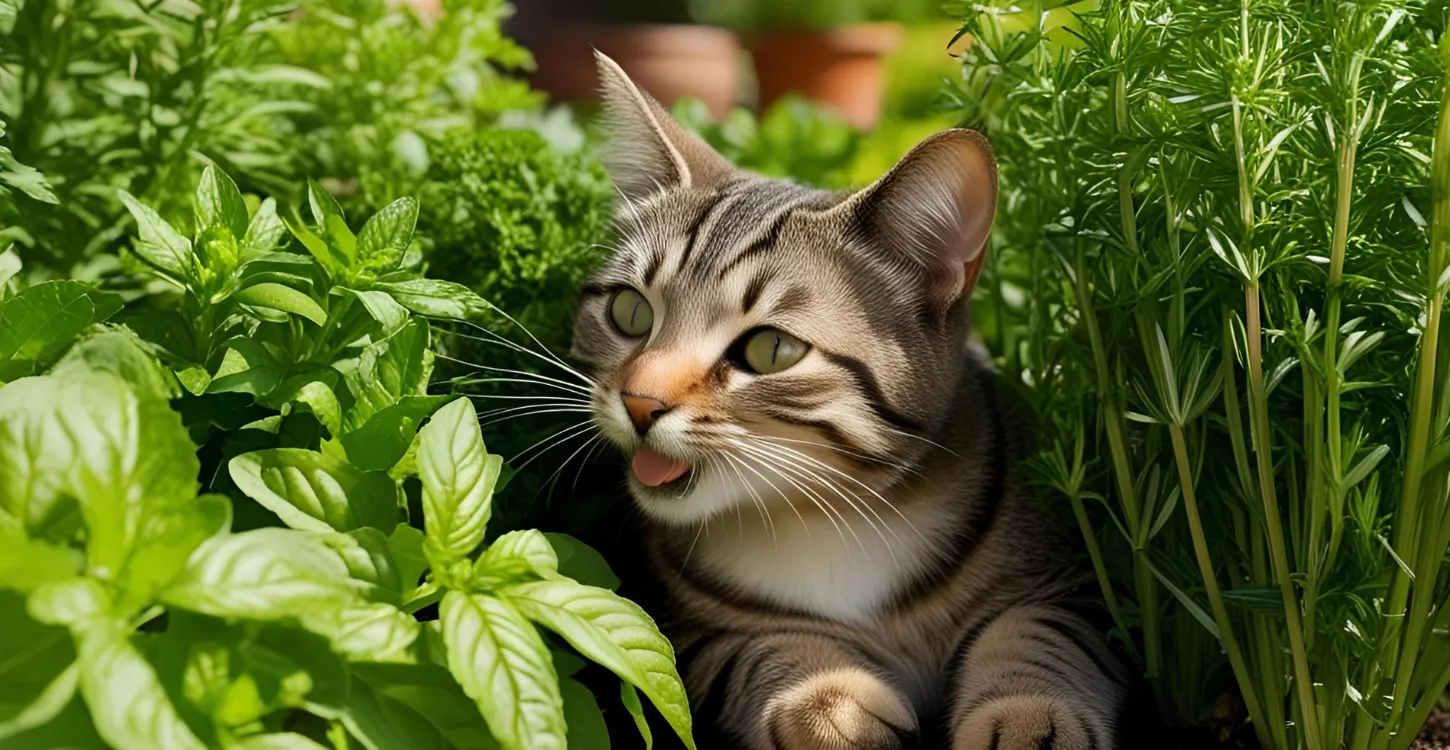 ハーブの中にいる猫