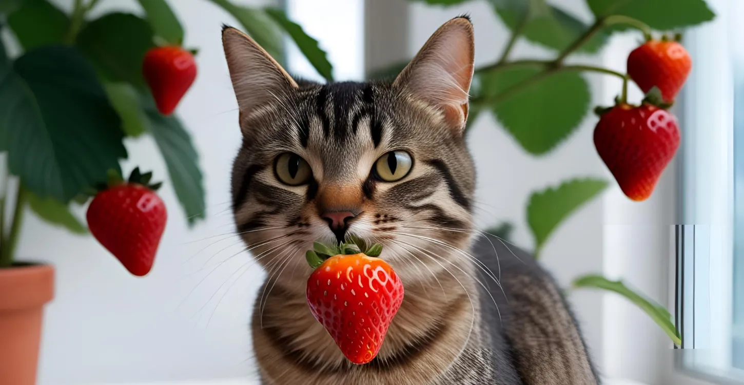 イチゴを咥えている猫