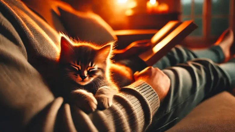飼い主のそばで寄り添ってくつろぐ子猫の様子
