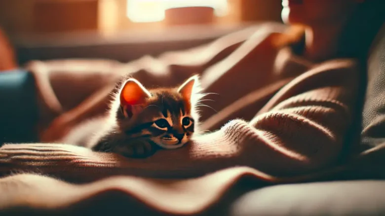 飼い主の近くで安心して横になる子猫の姿