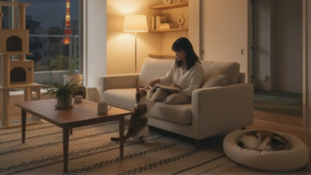 日本の保護猫を一人暮らしの家に迎える女性。穏やかに寄り添う猫との新しい暮らしの始まり。