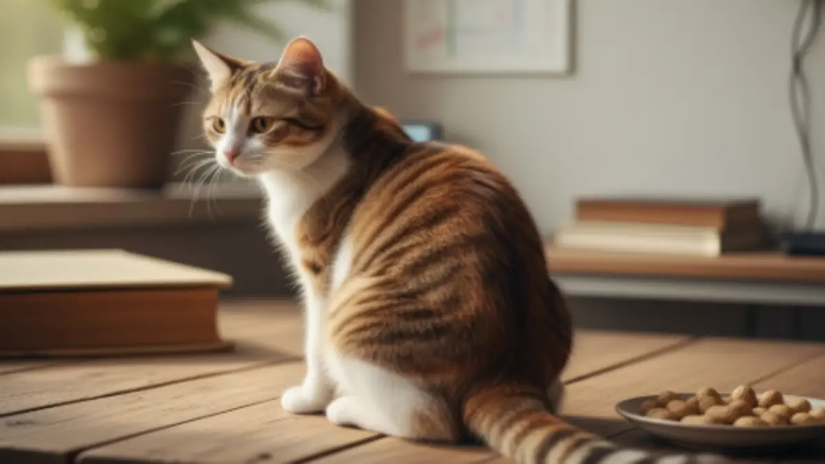 猫 ピーナッツを避けるイラスト|危険な食品の例 お皿のピーナッツから顔を背ける猫のイラスト。猫 ピーナッツを避ける様子を示す教育的イメージ