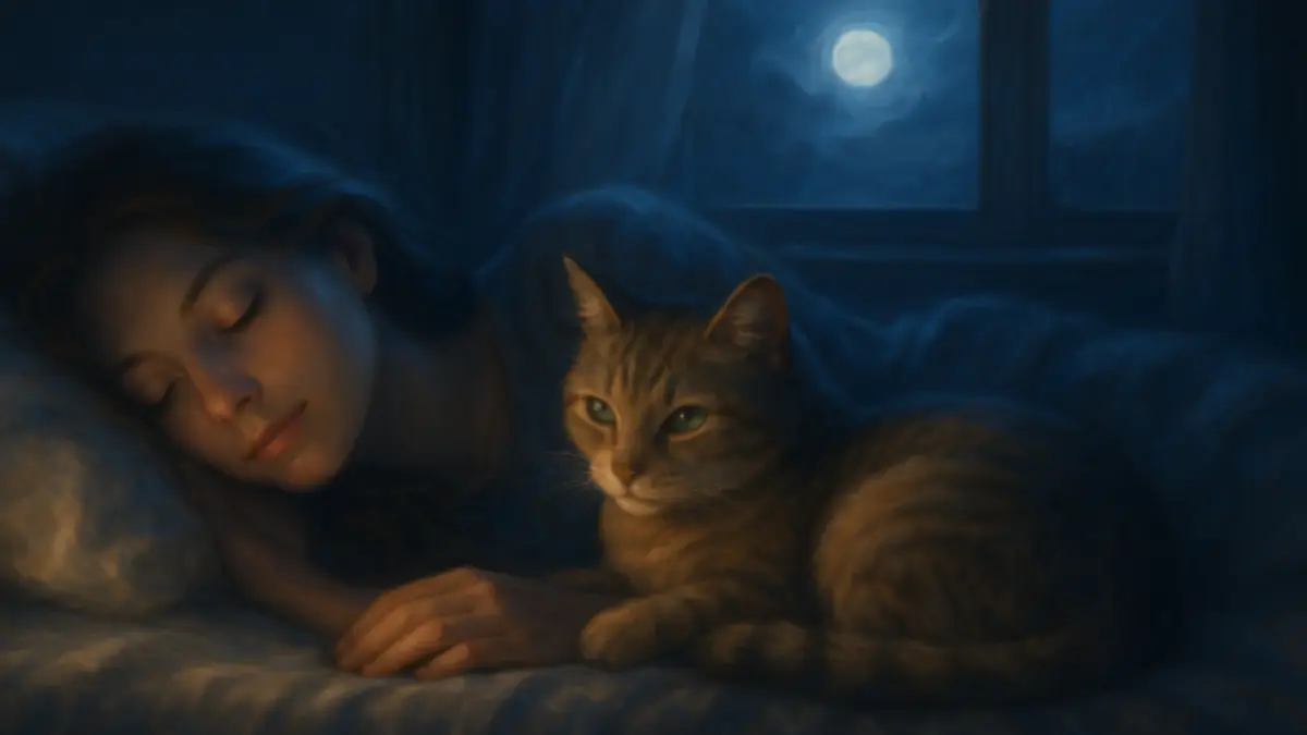 穏やかに眠る女性のそばで寄り添う猫。猫を飼う夢が示す癒しと心の安らぎを表現したイメージ