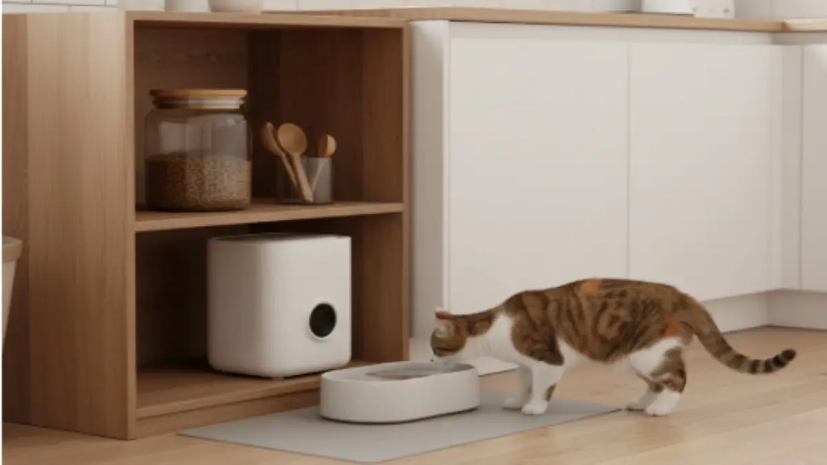 明るいキッチン横の猫用コーナーと給餌器 キッチン脇の木製ラックに自動給餌器・給水器が配置され、茶白の猫が給水器を覗き込む様子