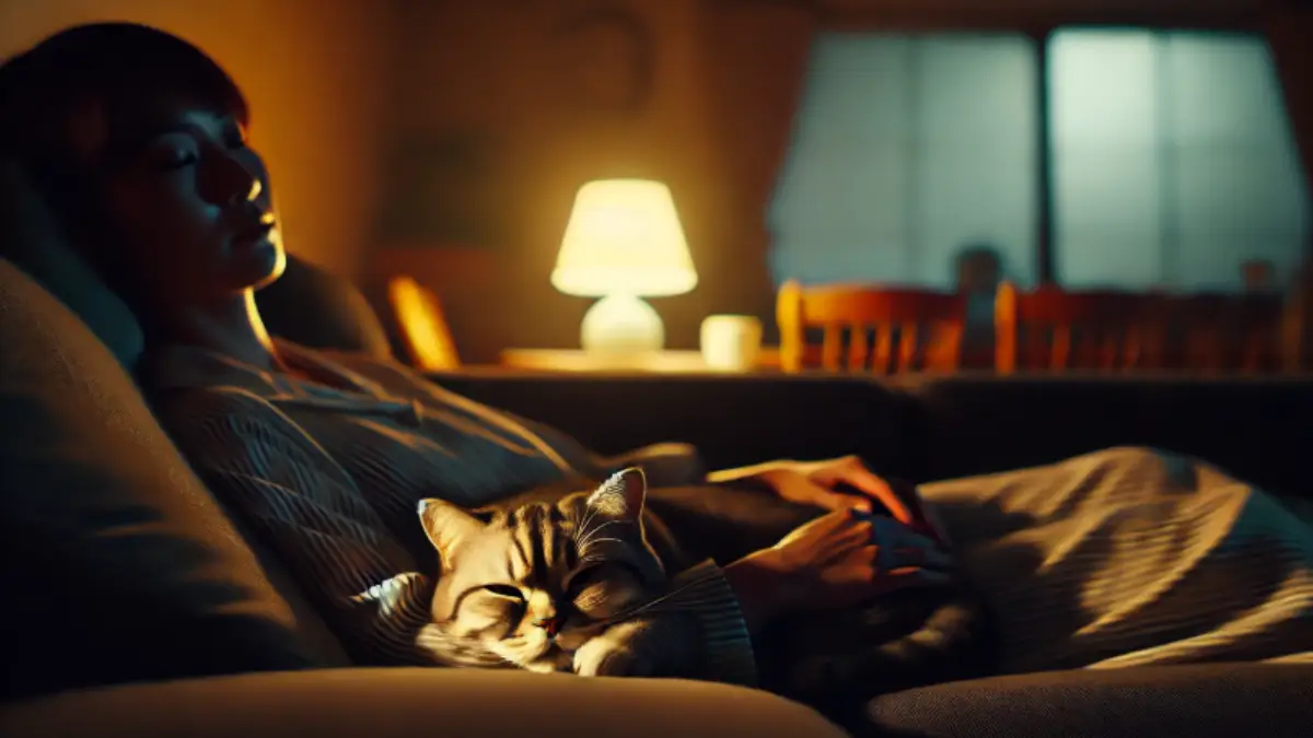 猫 鳴き声 クルル|夜のソファで寄り添う癒しの時間 夜のソファで飼い主に寄り添い、クルルと喉を鳴らして安心している猫。暖かな照明に包まれた穏やかなひととき。