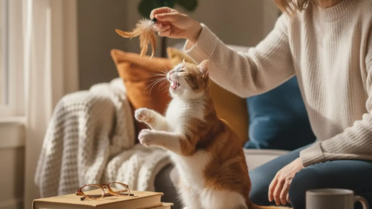 猫 鳴き声 クルル|飼い主と遊ぶ猫の信頼サイン 飼い主と遊びながらクルルと鳴く猫。信頼関係が感じられる穏やかなコミュニケーションの瞬間。