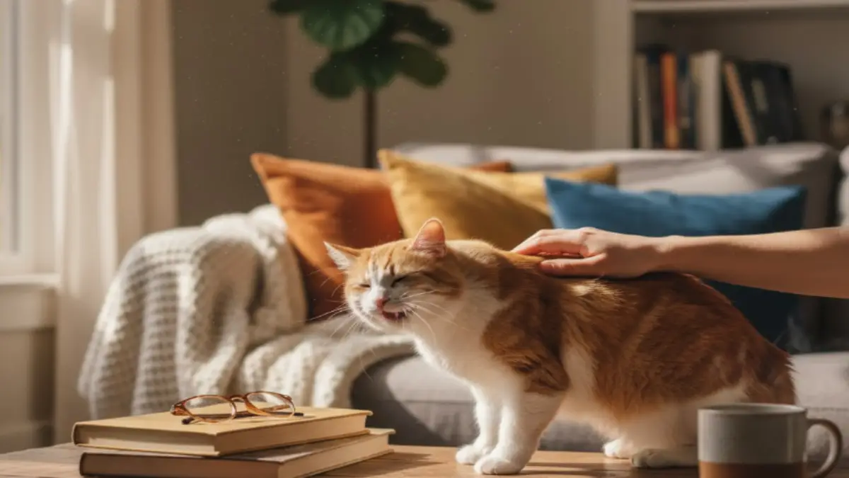 猫 鳴き声 クルル|リビングで甘える猫の信頼サイン リビングで飼い主に寄り添い、クルルと柔らかく鳴く猫。信頼と安心を感じさせる穏やかな表情のシーン。