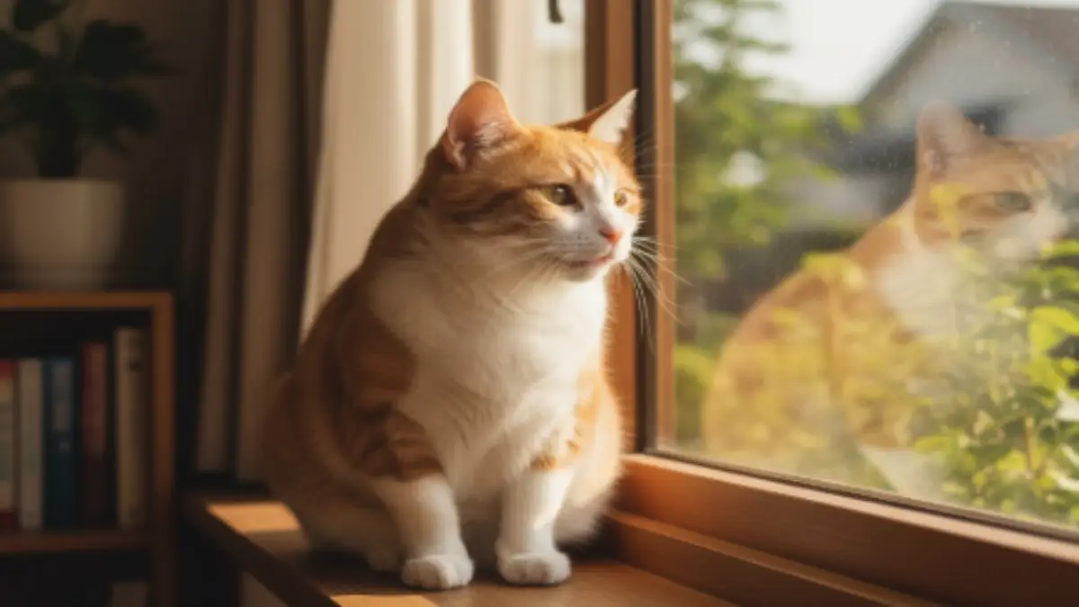 猫 鳴き声 クルル|窓辺で外を見つめる穏やかな瞬間 窓辺に座り、外を眺めながらクルルと柔らかく鳴く猫。リラックスと安心を感じさせる穏やかな表情。