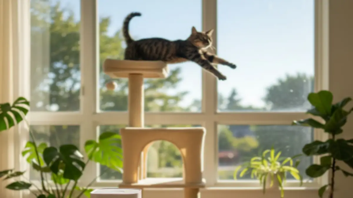 リビングでくつろぐ猫と猫グッズのある明るい部屋 キャットタワーで伸びをする猫と、自動給餌器・給水器・爪とぎが整然と並ぶ日当たりの良いリビング