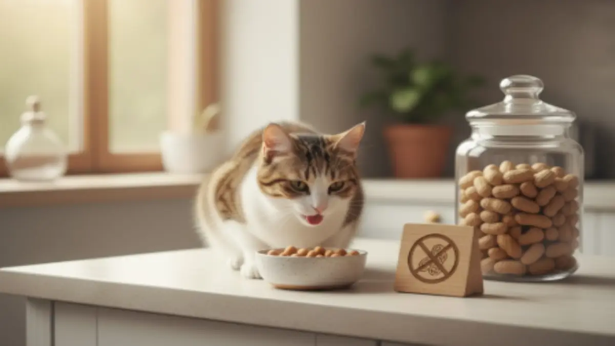 猫 ピーナッツは不要|安全なおやつを選ぶ ピーナッツ禁止マークの横で安全なおやつを食べる猫のイラスト。与える前の注意喚起を表現