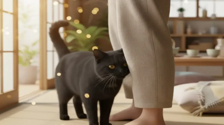 猫が短く鳴くとき:柔らかい声は甘えと親和のサイン 飼い主にすり寄りながら短くにゃっと鳴いて甘える猫の様子