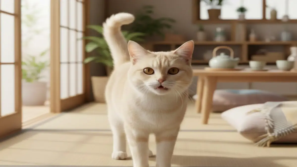 猫が短く鳴くときの挨拶サインを表すイメージ写真 短くニャと鳴く猫の挨拶シーンを写した写真。軽い返事や親和サインとしての短鳴きを表現したイメージ