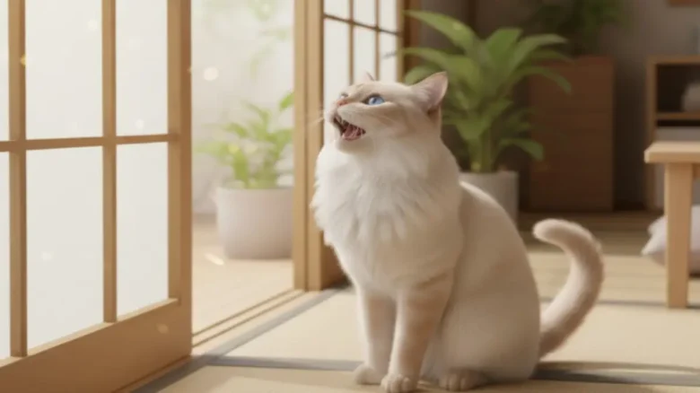 猫が短く鳴く連続パターン:ニャッニャッは要求サイン 連続でニャッニャッと鳴き、飼い主に要求や注目を促す猫の姿