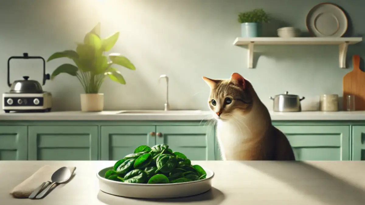 Curious Cat Looking at Boiled Spinach in a Sunlit Kitchen A curious cat gazing at a small white dish with a few pieces of boiled spinach on a sunlit kitchen table
