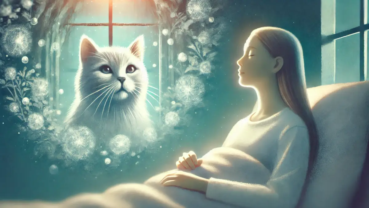 夜の静かな室内で猫と寄り添う女性。夢の中の癒しを象徴するシーン