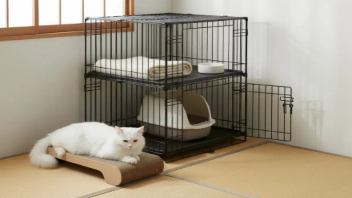 和モダンな畳部屋でくつろぐ白猫 畳の上で寝そべる白猫と背後に設置された2段ペットケージと爪とぎベッド、和モダンな猫スペース