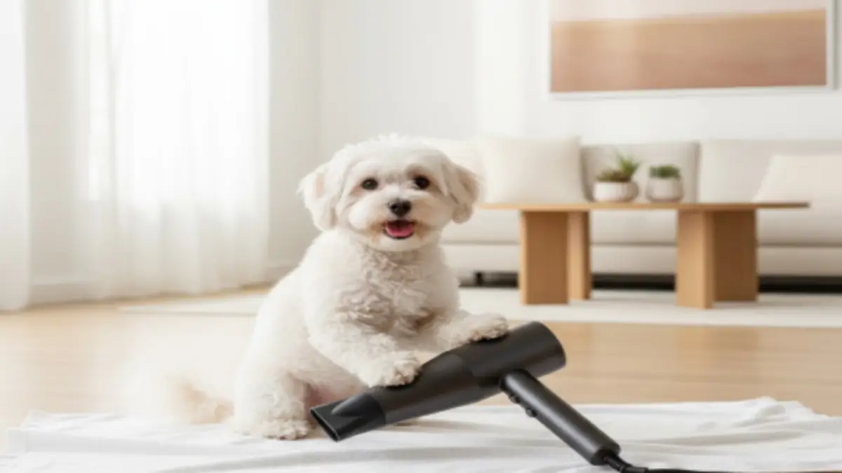 mino ペット ドライヤー 小型犬ドライ使用例 minoペットドライヤーを小型犬に使用している様子。ブラシ一体型で片手操作が可能な家庭用ペットドライヤー。