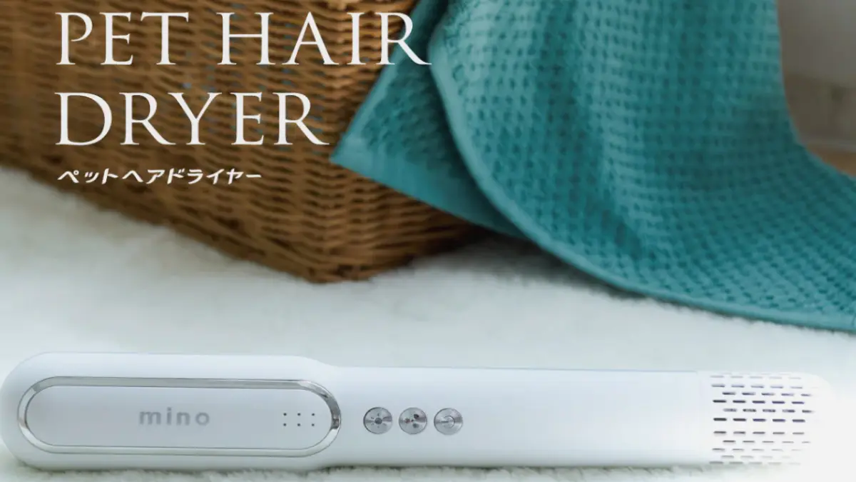 静音×安全設計のminoペットドライヤー minoペットドライヤーを使って犬の被毛をやさしく乾かす様子。静音設計でペットにも安心。