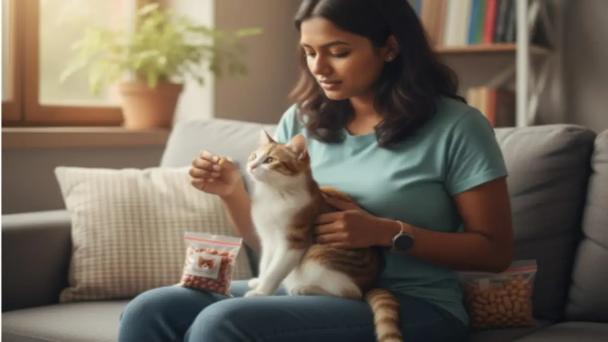 猫 ピーナッツを避けて安全なおやつを選ぶイラスト 飼い主がピーナッツを隠して猫に安全なおやつを渡すイラスト。猫 ピーナッツを避ける安全な選択を表現