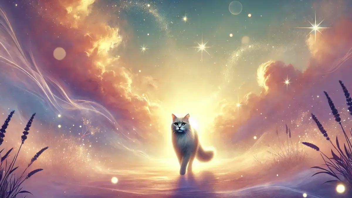 柔らかな光に包まれた幻想的な風景の中を歩く猫。夢のような空気感が癒しと心の調和を表現したイメージ