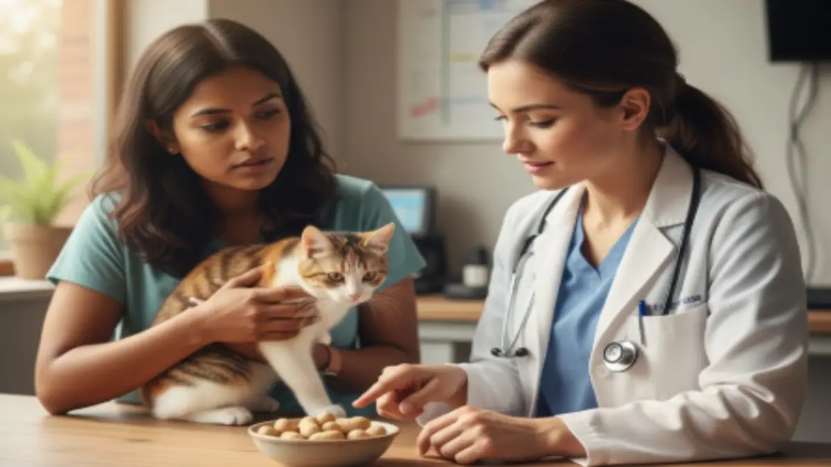 猫 ピーナッツの危険性を説明する獣医師イラスト 獣医師が猫の飼い主にピーナッツの危険性を説明しているイラスト。猫 ピーナッツの安全性を理解する場面