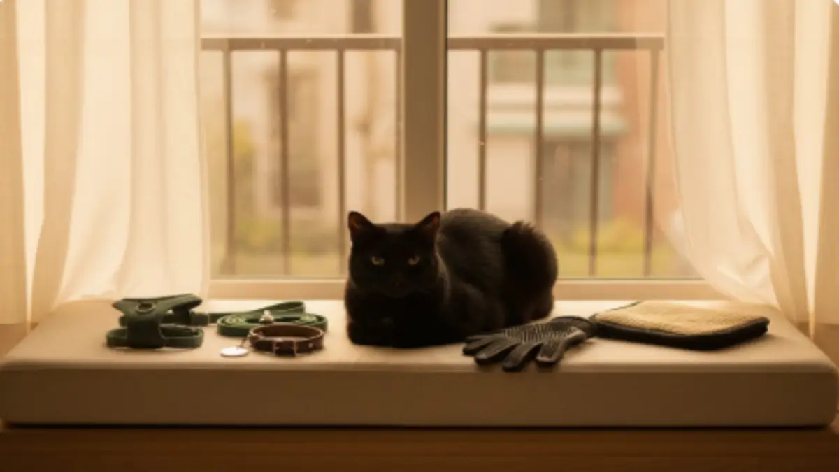 窓辺でくつろぐ黒猫と猫用リード・グッズ 窓辺のベンチで香箱座りする黒猫と、隣に置かれたハーネス・首輪タグ・ペットヒーター